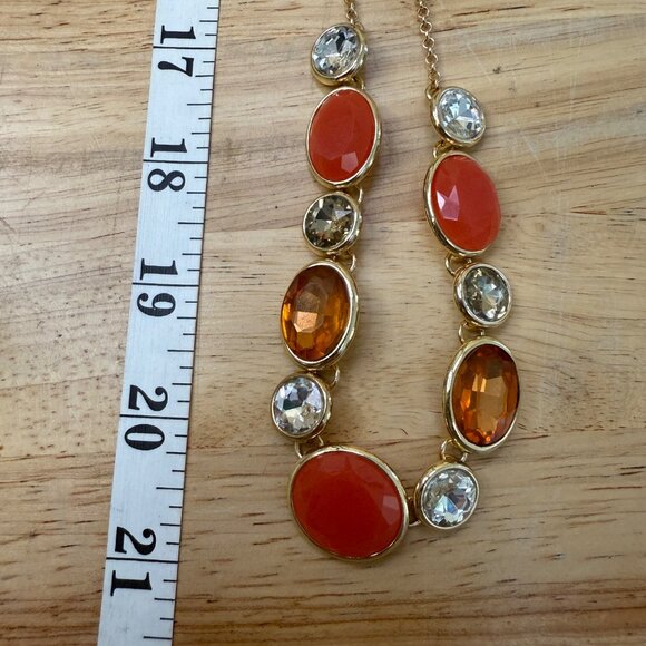 Monet Statement Necklace Gold-Tone With Red Orange & Clear Cabochon & Crystal St - Picture 6 of 9